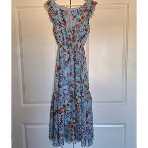 💙 Le Ragazze Ultra Soft Silk Blend Floral Ruffle Maxi Dress Size M Cottage Prep